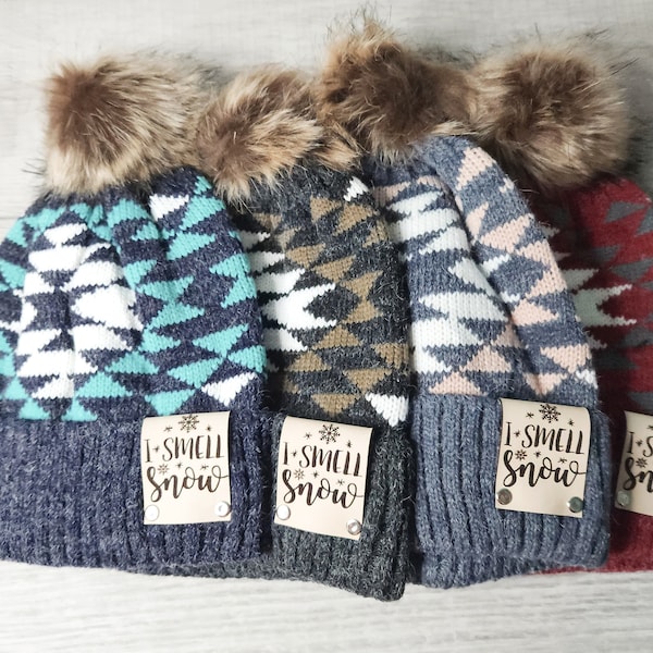 I Smell Snow Beanie| Wool Beanie| Women's Pom Pom Beanie| Pom Pom| Hat| Leather Patch