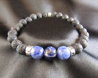 XXL Natural Gemstone Communication and Calming Bracelet with Sodalite and Lava Stone Essential Oil Diffusing Beads.