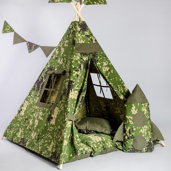 hildrens teepee, playtent, tipi, zelt, wigwam, kids teepee, tent, play teepee, TEEPEE WITH MAT- Tipi military