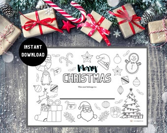 Op de afbeelding: Een zwart-wit afdrukbare kerstkleurplaat met de woorden "Merry Christmas" en diverse illustraties met een vakantiethema. Bevat een ruimte om "This seat belongs to:" te schrijven en de woorden "Instant Download".
