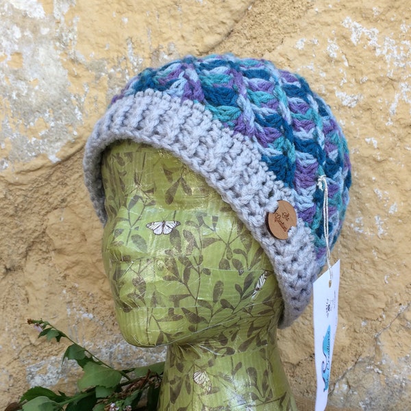 Ladies Winter Hat in Teal, Blues, Purples Grays