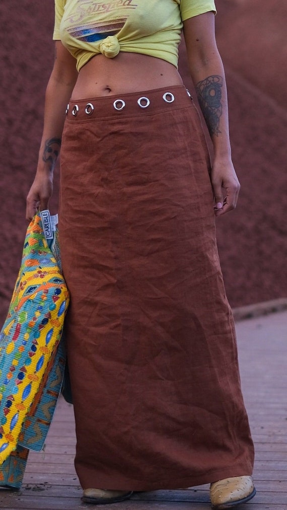 Y2K Brown Linen Maxi Skirt w/ Silver Grommet Detai