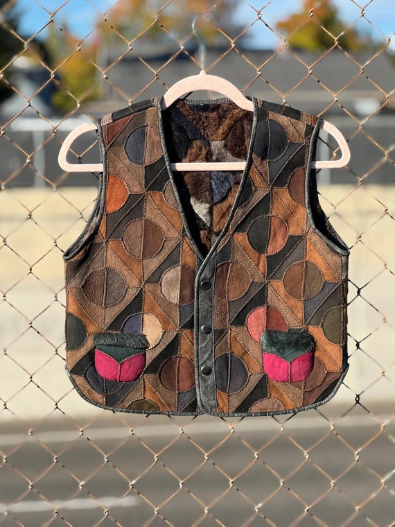 1970s Suede Patchwork Shearling Vest –  Geometric… - image 1