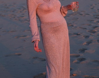 Stunning 1970's Wenjilli Lurex Champagne Lame' Floor Length Designer Dress