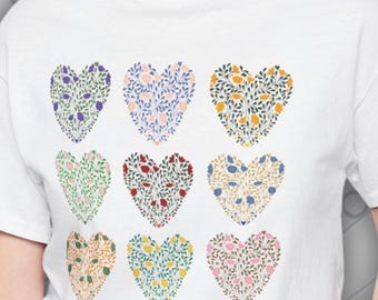 Floral Heart Shirt for Nature Lovers, 9-Grid Heart Tshirt, Colorful Floral Heart Design, Heart Lover Gift, Garden Lover’s Colorful Heart Tee