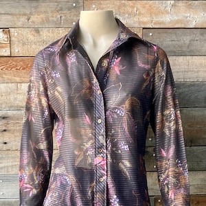Vintage 1970&#39;s Semi-Sheer Button Down Polyester Blend Blouse in Black, Gold and Pink Floral Pattern in Tage Size 34