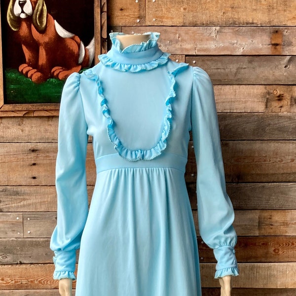 Vintage 1970's Boho Sky Blue Prairie Country Maxi Dress with Ruffled Neck, Bib and Cuffs