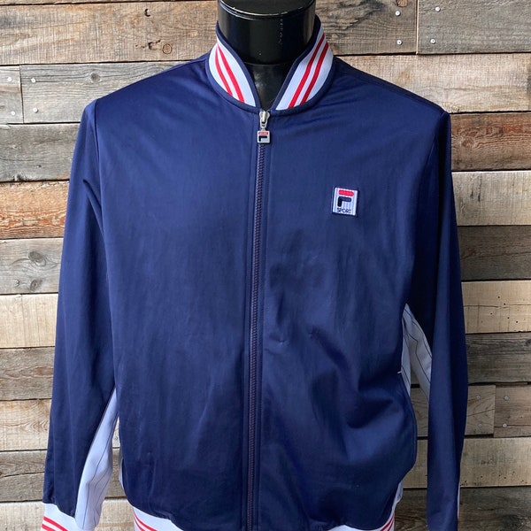 Vintage 1990's FILA Sport Men's Track Jacket Full Zip Size Large Blue and Red Striped