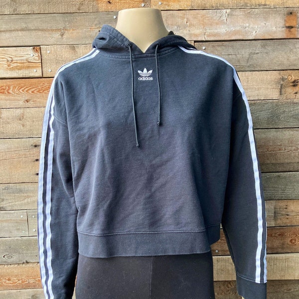 Vintage Y2K Adidas Hoodie Crop Top in Black, Size Medium