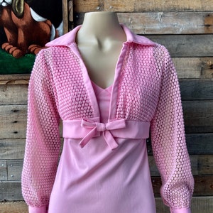 Vintage 1970&#39;s Super Mod Barbie Pink Maxi Dress and Mesh Bolero Jacket with Bow Accent