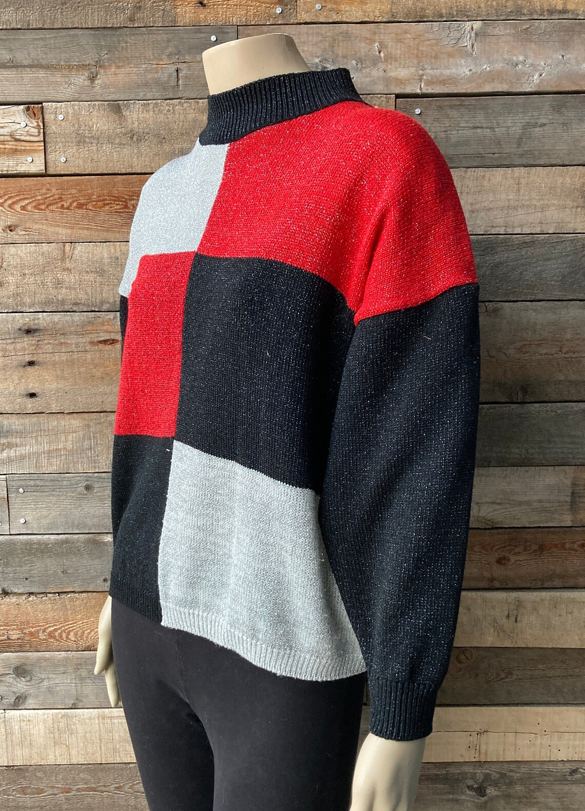 Vintage 1990's Sparkly Mockneck Mod Colorblock Sweater in Black Red and ...
