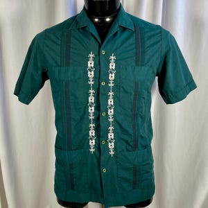 Vintage Navy Blue Button Down Guayabera Mexican Wedding Shirt by The Romani Collection in Size Large