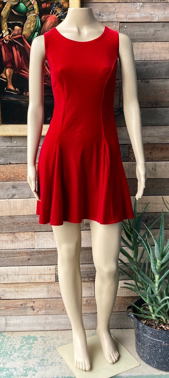 Vintage 1990's Short Red Stretch Velvet Skater Dr… - image 2