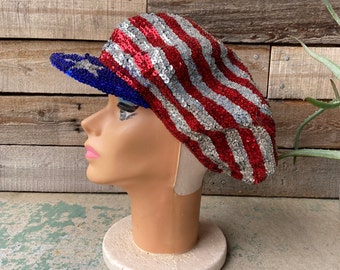Vintage Red White and Blue Sequin Oversized News Boy Cap JC  display picture 1