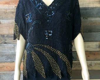 Vintage 1990's Sequined Statement Top in Black and Gold Made by Laurence Kazar in Size Medium, with Tags