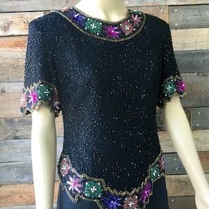 Vintage 1990&#39;s Sequined Statement Top with Floral Design Made by Laurence Kazar