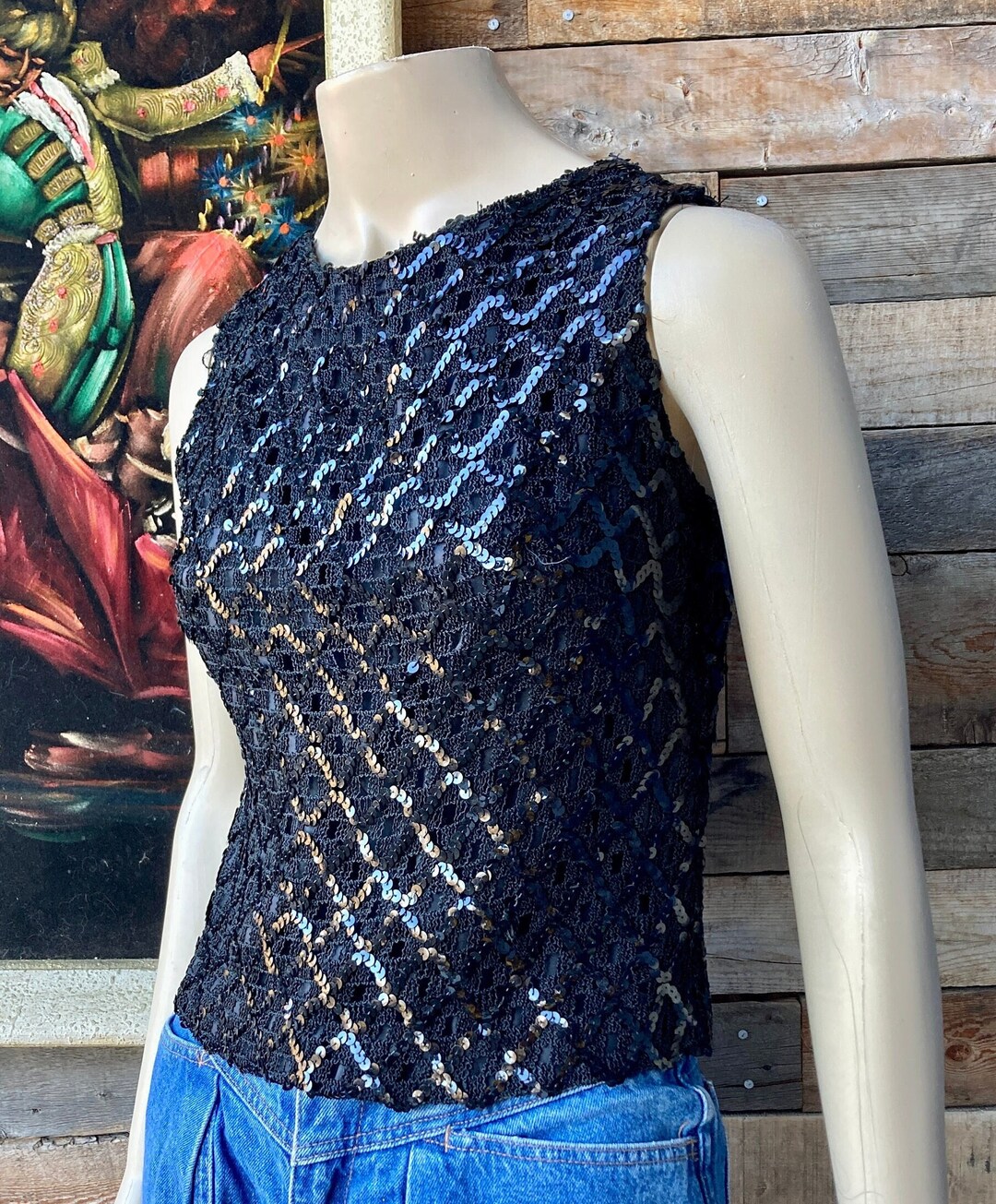Vintage 1960s Black Cropped Shell Top