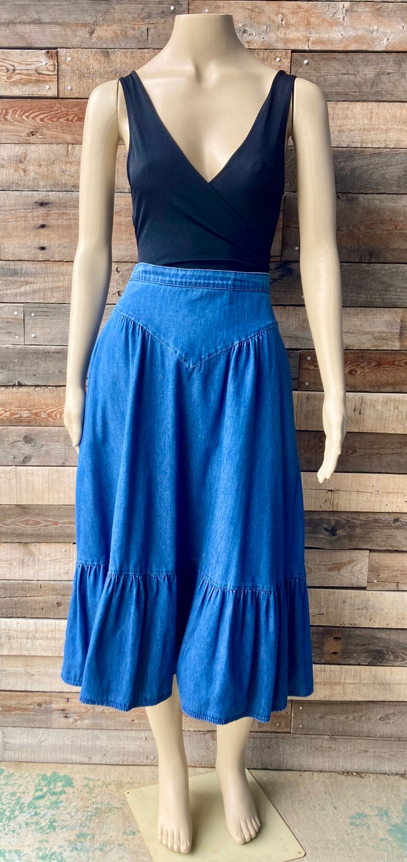 Vintage 1970's Ruffled Denim Flounced Prairie Skir