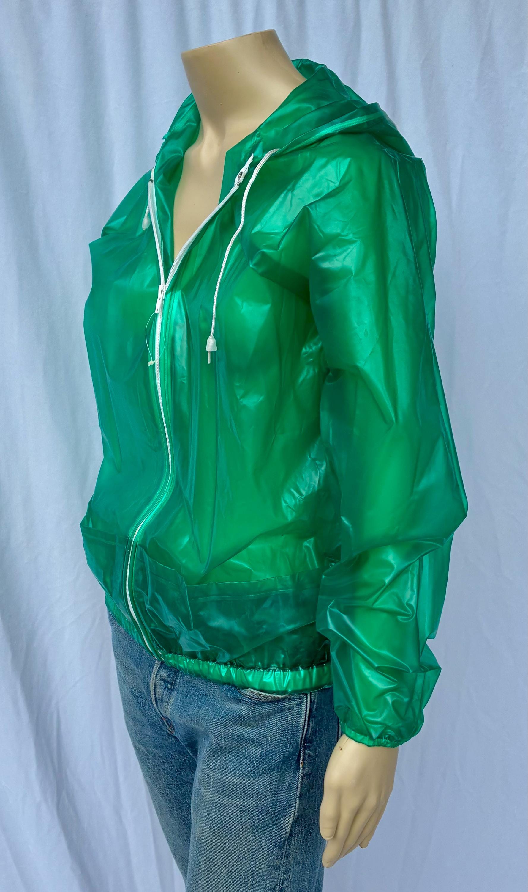 Vintage 1970's Clear Green Jelly Vinyl Hooded Rain Jacket With