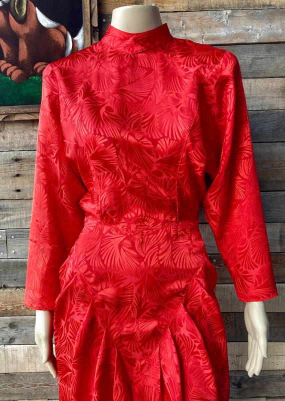 Vintage 1980's Boss Lady Dress in Red Brocade with