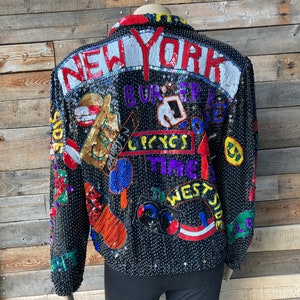 Vintage 1980&#39;s Silk Lined Sequined Jacket with New York Theme