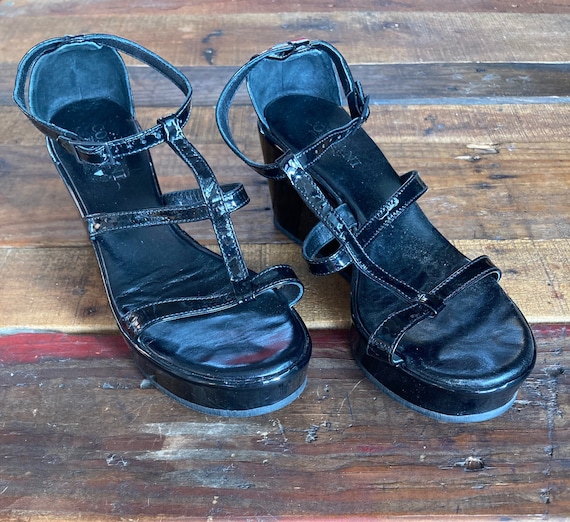 Vintage 1990's Black Patent Leather Platform Sandals … - Gem
