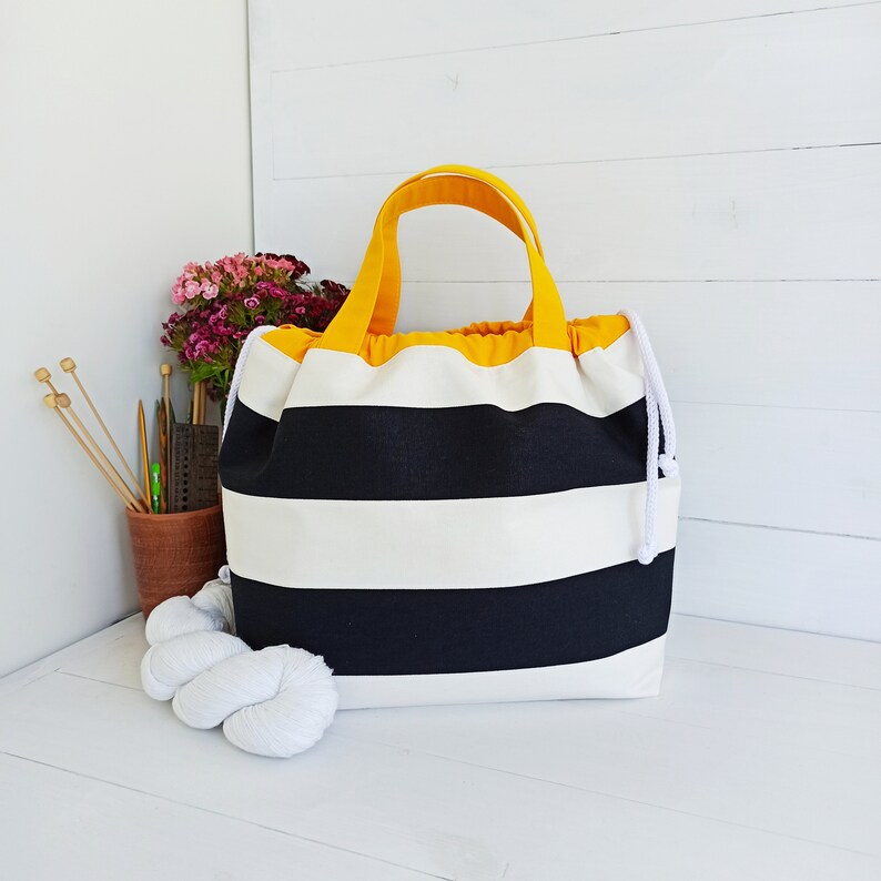 Extra Large Knitting Project Bag Cotton Striped Drawstring Etsy