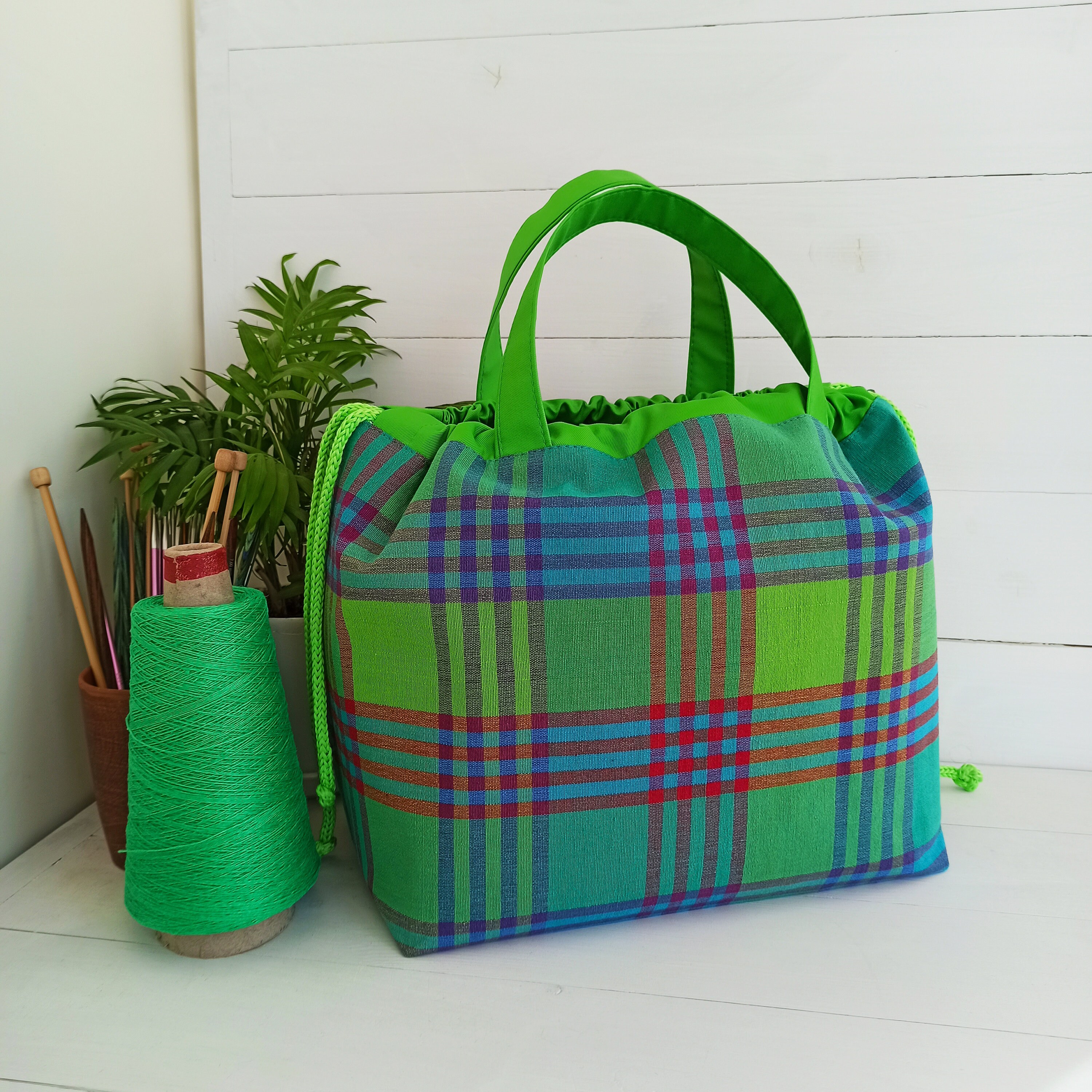Extra large Knitting Project Bag Checkered drawstring knitting Etsy