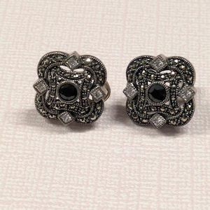 Vintage SS Judith Jack Marcasite Omega Clip-On Square Earrings Sterling Silver