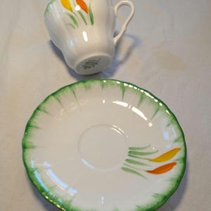 Vintage Melba England Porcelain Brush Strokes of Green Yellow and Orange Flower Teacup & Saucer