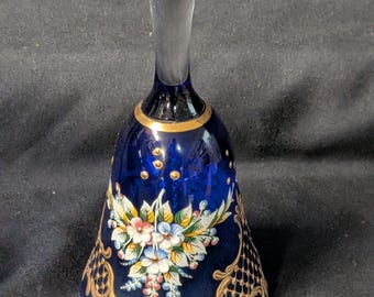 Murano Style Cobalt Blue Glass Bell with Gold and Flowers Bohemian