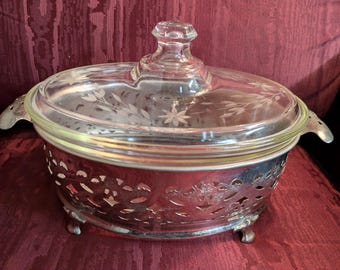 Pyrex Reverse Stamp Dollar Sign "S" Etched Casserole Dish 1920's & Holder