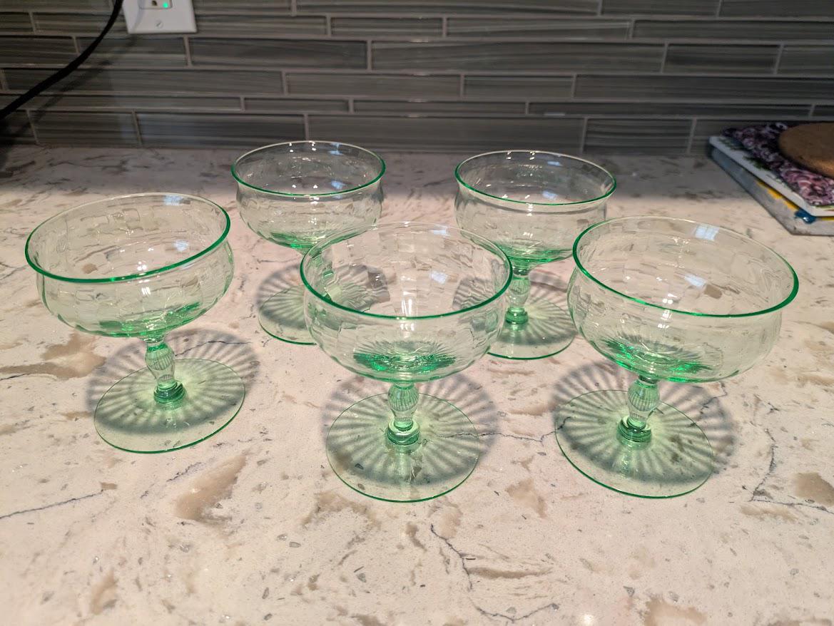 Uranium Depression Green Glass Wine Champagne Low Coupe Set Of 5