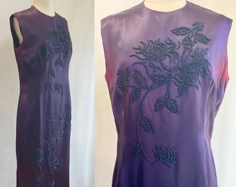 Vintage BEADED Silk Dress / CHEONGSAM Style Souvenir Gown / Purple Goth Vibes / Ombre Fade