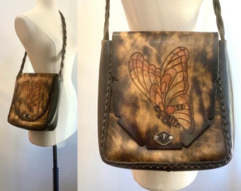 Vintage 70s TOOLED Leather Shoulder Bag / Hand Tooled BUTTERFLY / Cross Body Two-Tone Braided Strap / Oversized + Unused