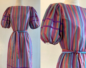 Cute Vintage 80s STRIPED PUFF SLEEVE Dress / Circus Stripes + Ribbon Trim