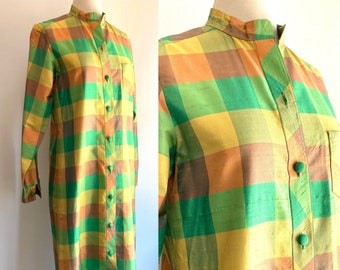 Vintage 60s SILK Maxi Dress / Mod Hostess Dress / Shirt Dress / Robe Kaftan Duster Cover-Up Style / Sherbert Colors in Oversized Plaid Check