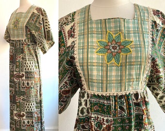 Vintage 70s Dress / Prairie MAXI Dress / PATCHWORK / FLOWER Applique + Crochet Detail + Angel Sleeves + Ruffle