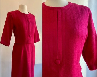 Vintage jaren 60-jurk / gebreid wol + gevoerd / 2-delige illusie / knoopsjerp achterkant / Berkshire