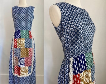 Vintage 70s Maxi Dress / Hostess Dress / Hand Block Print + Eyelet Trim / Patchwork APRON Illusion + Back Tie Sash / Concept 70s by Swirl