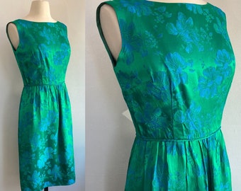 Vintage 50’s 60's COCKTAIL Dress / Party Dress / Iridescent Green + Turquoise Satin Damask /  Hourglass Fit / S