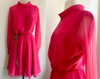 Vintage 60s 70s Party Dress / HOT PINK CHIFFON / Sheer Bishop Sleeve + Full Skirt /  Coco California