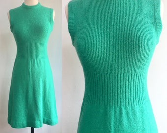 Vintage 50s 60s Sweater DRESS / Sleeveless /  Knit RIBBED Bodice + Waist / Seafoam Aqua Green