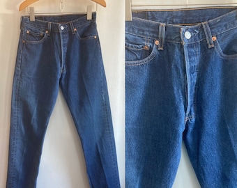 Vintage LEVIS 501s / Datk/ High Waist + Button Fly + All Cotton / 28" waist + 36 length