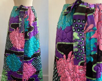70s Vintage SATIN QUILTED Maxi Hostess Skirt / Colorful Abstract Pattern / Front Buttons + Tie