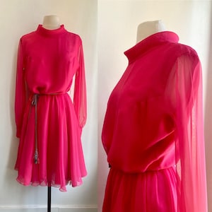 Vintage 60s 70s Party Dress / HOT PINK CHIFFON / Sheer Bishop Sleeve + Full Skirt /  Coco California