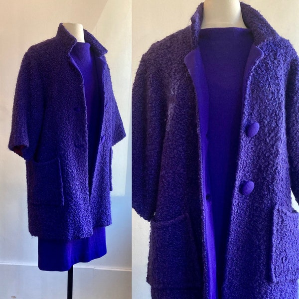 Vintage 50s 60s Coat + Dress Set / Mod Boucle Coat + Wool Wiggle Dress / Saturated Purple Color / Charles F Berg