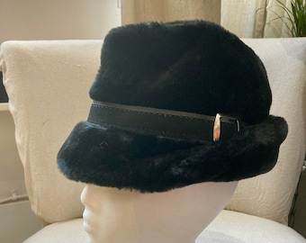 Vintage 60s FAUX FUR FEDORA / Quilted Lining + Ear Flaps / Faux Leather Hatband