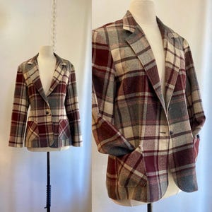 Vintage 70s 80s PLAID Blazer / Maroon + Gray + Beige / Patch Pockets + Lined / Ten Four