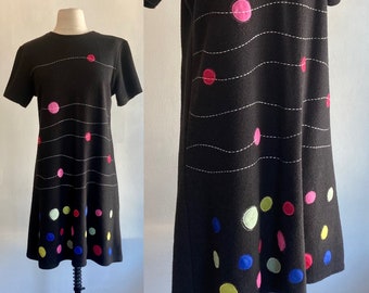 Vintage 80s Knit Dress / ABSTRACT Colored Dot Pattern  / Colored Buttons Down Back